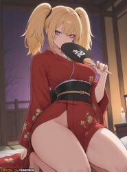 2025 ai_assisted ai_generated ani_(twitter) anime anime_girl anime_style artist_name bangs barefoot blonde_hair blue_eyes breasts candle closed_mouth female grok grok_(x) grok_(xai) hand_fan hi_res high_quality high_res high_resolution highres holding holding_fan indoors japanese_clothes kimono kneeling large_breasts long_hair long_sleeves looking_at_viewer no_panties obi patreon patreon_username red_kimono rinkoai sash seiza smile solo thighs twintails uncensored watermark wide_sleeves