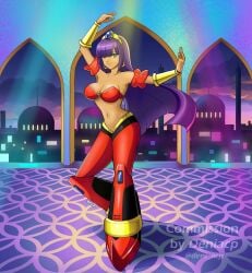 2000s 2d 2d_(artwork) 2d_artwork bare_arms bare_midriff bare_shoulders beauty_mark belly_button belly_dancer belly_dancer_outfit big_boots big_breasts big_breasts blue_gem blue_gemstone blue_wall boots bracelet city_background cityscape cleavage crossover crossover_cosplay dancing dancing_class_outfit deniacp disco_lights ear_piercing ear_ring earring earrings eyelashes gem gemstone gold_(metal) gold_bracelet gold_bracelets gold_ear_piercing gold_ear_ring gold_ear_stud gold_earring gold_earrings gold_jewelry gold_tiara golden_bracelet golden_bracelets golden_ear_ring golden_earrings golden_tiara green_eyes harem_pants hourglass_figure hourglass_figured_female layer long_hair mega_man mega_man_x metal_boots middle_eastern middle_eastern_architecture middle_eastern_clothing middle_eastern_palace midriff navel overboob pink_lips pink_lipstick purple_floor purple_hair red_boots red_harem_pants red_pants reploid robot robot_girl robot_humanoid see-through see-through_silk sequins shantae shantae_(cosplay) tan_body tan_skin tan_skinned_female tiara video_game video_game_character video_game_franchise video_games