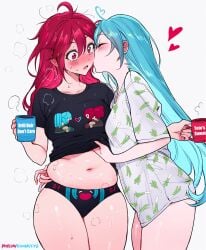 2girls ahoge aqua_hair belly bite_mark bite_mark_on_belly bite_mark_on_thigh blush cheek_kiss chubby chubby_female chubby_woman closed_eyes coffee coffee_mug curvy curvy_female female female/female female_only hair_down hand_under_clothes hatsune_miku heart_ahoge implied_after_sex kasane_teto kissing lesbian medium_breasts multiple_girls pajama_shirt pajamas panties plump qiandaiyiyu red_eyes red_hair sweat thick_thighs very_long_hair vocaloid woman yuri