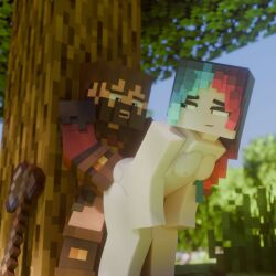 1boy 1girl1boy 1girls 3d 3d_(artwork) axe beard clothed_male clothed_male_nude_female female ketrincyst male male/female mineshield moddychat multicolored_hair naked_female tagme under_tree