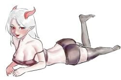 1girls booty_shorts bra demon demon_girl demon_horns female female_focus female_only laying_on_stomach looking_at_viewer mineshield nikiwright one_leg_bent red_eyes sharp_ears solo solo_female solo_focus stockings tagme