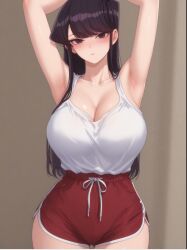 1girls ai_generated blush breasts chanquazz clothing dolphin_shorts female female_focus female_only hands_behind_head huge_breasts komi-san_wa_komyushou_desu komi_shouko light-skinned_female long_hair looking_at_viewer purple_eyes purple_hair solo