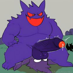 ai_generated balls balls_on_face dominant domination evil_grin facesitting forced gay gay_domination gengar huge_cock pokemon pokemon_(species) pokephilia precum standing_over throbbing_penis veiny_penis