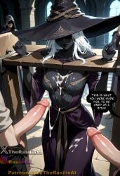 1girls ai_generated black_skin bondage bound bound_arms bound_wrists breasts captured cleavage cum cum_on_breasts defeated elden_ring_nightreign english english_text female humiliation imminent_rape medium_breasts multiple_boys penis pillory public public_use rasilinai recluse_(nightreign) silver_hair stable_diffusion stationary_restraints tagme text white_hair wizard_hat