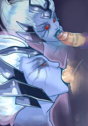 amber_eyes armor balls_deep big_hair big_penis black_lips blindwildcat blue_lipstick blue_skin blue_tongue deepthroat deepthroat_mark demon_eyes dota_2 duo faceless_male facial_markings fellatio female forehead_protector half-closed_eyes highres lipstick lipstick_mark lipstick_on_penis lipstick_ring long_hair looking_up male naughty_face oral penis penis_lick red_eyes red_sclera side_view solo_focus straight throat_bulge tongue tongue_out vengeful_spirit white_hair