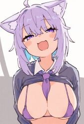 1girls :3 :d blush_stickers clothes_lift female hololive large_breasts micro_bikini necktie necktie_between_breasts nekomata_okayu purple_bikini school_uniform shirt_lift solo upper_body virtual_youtuber