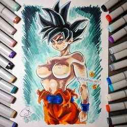 1girls 2017 aura belt curvaceous dated dragon_ball dragon_ball_super erect_nipples female female_goku female_only genderswap hourglass_figure jpcortes large_breasts light-skinned_female light_skin nipples pants photo_(medium) rule_63 saiyan short_hair silver_eyes silver_hair solo son_goku toned topless traditional_media_(artwork) ultra_instinct