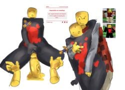 1boy 1girls bald blood cowgirl_position devesto die_of_death_(roblox) disembodied_hands disembodied_penis female male mequot penis reference_image request roblox roblox_game robloxian rrresna self_upload strawpage_request sword tagme yellow_skin