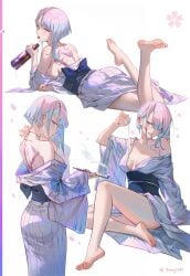 1girls barefoot bottle cyberpunk:_edgerunners disheveled drinking drunk light-skinned_female light_skin lucyna_kushinada pipe rainbow_hair robe shot_glass slender_body tamaji