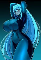 1girls alien aqua_hair ass big_breast big_breasts big_breasts blue_eyes blue_hair blue_hair_female bodysuit breasts dark_samus female grey_skin iriomote_umineko large_breast large_breasts long_hair metroid nintendo sitting skin_tight very_long_hair zero_suit zero_suit_dark_samus