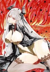 admiral_zenker_(azur_lane) azur_lane black_bow black_dress black_footwear black_horns blush breasts center_opening cg cleavage cross cross_earrings demon_horns dress earrings female fire high_heels horns iron_cross jewelry large_breasts leotard long_hair long_sleeves looking_at_viewer marker_(medium) multicolored_hair nail_polish navel panties parted_lips pointy_ears red_eyes red_hair solo streaked_hair thick_thighs thighhighs thighs traditional_media underwear very_long_hair white_hair wings