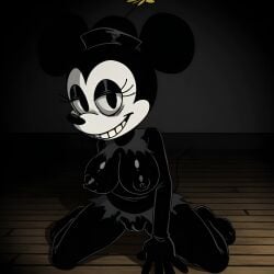 2017_x 5_fingers ai_generated black_eyes black_eyeshadow black_fur creepy dark_room dim_lighting disney doppelganger eyelashes flower_hat kneeling minnie_mouse_(cosplay) mouse_ears mouse_girl mouse_tail naked nipples nude pale_skin pixai pussy seductive seductive_look shiny_skin shortstack sonic.exe_(series) torn_clothes wooden_floor