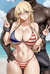 1boy1girl ai_generated american_flag_bikini ass_visible_through_thighs beach bikini blush bulge cheating cuckold curvy dark-skinned_male dark_skin double_peace_sign female grabbing_from_behind hi_res hip_grab huge_breasts huge_cock imminent_sex interracial iowa_(kantai_collection) kantai_collection large_breasts licking_lips light-skinned_female male muscular muscular_male netorare ntr outdoors shiny_skin size_difference sweat very_dark_skin