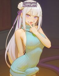 1futa 2025 ai_generated artist_name average_breasts bangs bare_shoulders blunt_bangs blush breasts bust chest cock dick dress emilia_(re:zero) flower futanari hair_flower hair_ornament hair_ribbon hi_res high_quality high_resolution highres intersex long_hair looking_at_viewer medium_breasts normal_breasts novalust patreon patreon_username penis pointy_ears purple_eyes re:zero_kara_hajimeru_isekai_seikatsu ribbon solo stable_diffusion tongue tongue_out watermark
