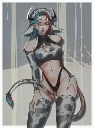 1girls armwear bare_shoulders boob_window bra breasts cow_print female female_focus female_only heterochromia ketrincyst mineshield multicolored_hair panties solo solo_female solo_focus stockings tagme underwear