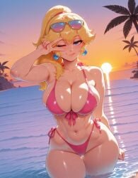 1girls ai_generated bikini blonde_hair blue_eyes breasts difuxer female female_only huge_breasts light-skinned_female light_skin mario_(series) nintendo princess_peach solo super_mario_bros. swimsuit thick_thighs thighs wide_hips