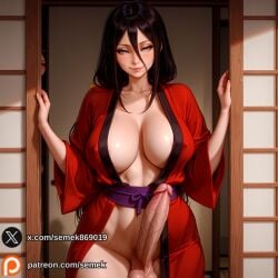 ai_generated areola_slip artist_name black_hair blue_eyes blush breasts closed_mouth collarbone covered_niples cowboy_shot doorway erection female fingernails futanari hair_between_eyes half_closed_eyes hands_up huge_cock hyuuga_hanabi indoors japanese_clothes kimono large_breasts large_penis lips long_hair long_sleeves looking_at_viewer mature_female no_bra no_panties obi open_clothes open_door open_kimono patreon_logo patreon_username penis red_kimono sash semekart shouji sliding_doors smile solo_focus standing sweat testicles uncensored veins veiny_penis watermark web_address wide_sleeves