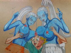 1boy 2girls angel_(dragon_ball) blue_skin dragon_ball dragon_ball_super female goku male marcarita multiple_girls sisters son_goku super_saiyan vados