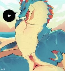 absurd_res animal_genitalia anus beach blue_body blue_scales bodily_fluids capcom claws cloaca cloacal_penis cloud genitals half-erect hi_res holding_leg lagiacrus leviathan_(mh) looking_at_viewer male monster_hunter open_mouth penis puffy_anus ravan saliva saliva_string scales scalie sea semi-anthro smile solo spread_legs spreading tongue tongue_out water