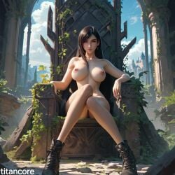 (titancore) ai_generated big_breasts black_hair boots curvy_figure final_fantasy_vii long_hair naked nipples red_eyes ruins sitting sitting_down throne tifa_lockhart video_game_character
