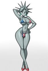 1futa 1girls ai_generated american_flag_bikini armpit bikini breasts bulge colored_skin crossed_ankles female futanari gradient_background grey_background hand_behind_head hand_on_hip high_heels highleg highleg_bikini jimojo lady_liberty legs_together narrow_waist navel no_sclera red_shoes shiny_skin skindentation slim_waist small_waist solo solo_futa stable_diffusion star_earrings statue_of_liberty toon_(style) toony white_background wide_hips