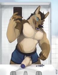 1boy anthro balls bathroom blue_underwear briefs canine clothing cock_ring erection huffpup humanoid_penis looking_at_viewer male male_only mammal mirror muscular muscular_male open_mouth penis penis_through_fly phone pointing_at_penis poking_out selfie solo uncut underwear vein