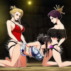 ai_generated arms_behind_back arms_tied arms_tied_behind_back bikini birdawg16 black_hair blonde_hair blonde_hair_female bondage cumming cumming_while_penetrated final_fantasy_vii final_fantasy_vii_remake lezdom lezsub lingerie madam_m pussy scarlet_(ffvii) spitroast strap-on strapon strapon_fellatio strapon_in_pussy threesome tifa_lockhart tifa_lockhart_(shining_spirit) yuri