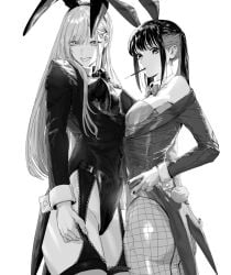 2girls ass cosplay greyscale gyaru kitagawa_marin latex lingerie looking_at_viewer narrow_waist playboy_bunny sono_bisque_doll_wa_koi_wo_suru sugaya_nowa thighhighs thighs white_background