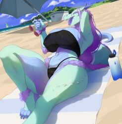 absurd_res anthro beach big_breasts breasts claws clothed clothing curvy_figure dragon eyewear female finger_claws fur genital_outline glasses hair heidi_(the7thprimarch) hi_res horn long_hair looking_at_viewer lying mythological_creature mythological_scalie mythology on_back raised_leg scalie solo sunbathing sunglasses taihab tail thick_thighs toe_claws tuft voluptuous wide_hips