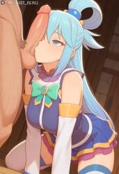 1boy ai_generated aqua_(konosuba) artist_name bare_shoulders blue_eyes blue_hair blue_shirt blue_skirt blush bow breasts clothed_female_nude_male detached_sleeves erection female green_bow hair_ornament hair_rings indoors just_pepel kneeling kono_subarashii_sekai_ni_shukufuku_wo! large_breasts long_hair male_pubic_hair nude patreon_username penis penis_on_face pubic_hair shirt skirt solo_focus straight testicles thighhighs uncensored white_thighhighs