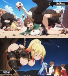ai_generated angry_expression aqua_(konosuba) armored_female before_and_after black_skirt blue_sky blush bondage bondage brown_boots campfire closed_eyes darkness_(konosuba) desert doggy_style exposed_ass exposed_breasts genderswap_(mtf) green_cloak isekai knight_armor kono_subarashii_sekai_ni_shukufuku_wo! looking_back lying_on_side megumin monster_cock monster_rape monster_sex nighttime on_side ostrich ostrich_monster pitiful_expression punishment rule_63 rule_63 satou_kazuma scolded_female scolding sex sex_from_behind sex_from_side shaded_face skinsuit spooning_position stars suspended_on_tree suspension tears top-down_bottom-up torn_clothes torn_skinsuit tsf-mango vaginal_penetration vaginal_sex white_tunic zoophilia zoophilia