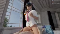 1boy 1girls 3d animated black_hair bottomless breasts cleavage cowgirl_position elferan erection female human ling_xiaoyu long_hair male navel no_sound panties_removed patreon penis pussy school_uniform sex skirt_removed small_breasts straddling straight tekken tekken_7 text tie twintails url watermark video