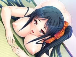 areolae ass black_hair blush bowing breast_press breasts buzama_ni!_gehin_ni!_tsugouyoku!_kyokon_suuhai!_haramase_onaho_gakuen dogeza female game_cg highres indoors ishii_akira large_breasts legs long_hair looking_at_viewer miel_(company) nipples original orz parted_lips red_eyes side_ponytail solo sweat sweatdrop tatami thighs top-down_bottom-up