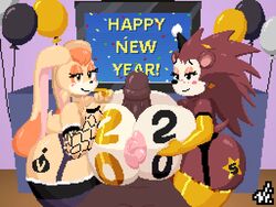 animal_crossing arm_warmers breasts dark-skinned_male double_titfuck elbow_gloves gloves huge_ass huge_breasts huge_cock latex latex_gloves nintendo nipples paizuri party_hat pixel_art sable_able sega sonic_(series) tattoo thick_thighs thighhighs vanilla_the_rabbit vi-nsfw