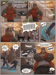 abs anthro biker_jacket bread brown_hair canid canine canis clothing comic domestic_dog english_text felid food gladiator gloves hair hairy handwear hi_res jacket lion magnetism male mammal motorcycle murid murine muscular muscular_anthro muscular_biceps muscular_male muscular_thighs pantherine pecs rat robbery rodent rubberbuns superpower text topwear vehicle villainous walking warrior yelling