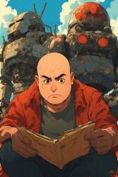 ai_generated cave fat_bald_man giant next old_torn_clothes robot_underground rusty_robots sad sitting to
