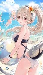 artist_name artist_signature ass back back_view bare_shoulders bare_thighs beach beach_ball bikini black_bikini black_swimsuit blush blushing blushing_at_viewer butt clouds corrin_(fire_emblem) corrin_(fire_emblem)_(female) cute_ass cute_butt dragon_tail felicia_(fire_emblem) female female_only fire_emblem fire_emblem_fates flora_(fire_emblem) flower flower_in_hair funny_background_event happy happy_female haru_(nakajou-28) headband looking_at_viewer nintendo ocean partial_transformation pointy_ears ponytail sand side_view smile smiling smiling_at_viewer swimsuit thighs water white_bikini white_swimsuit