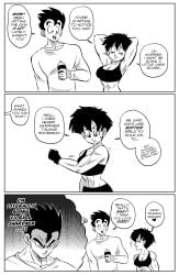 1girl1boy arms_up black_and_white busty cleavage comic dialogue dragon_ball dragon_ball_z english_text flexing funsexydragonball gym_clothes hands_behind_head muscular muscular_female son_gohan speech_bubble videl videl_(short_hair)