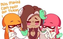 >_< 3girls ? animated anthro bare_shoulders big_breasts blush breasts brown_hair cephalopod cephalopod_humanoid chocolate_and_vanilla cleavage closed_eyes dark-skinned_female dark_skin diives eyelashes fantastic_arousal female_only hair half-closed_eyes heart humanoid ink inkling inkling_girl interracial kaori_(splatoon) licking marina_(splatoon) mask_(marking) motion_lines nintendo no_sound octoling oral orange_hair patreon pink_hair pointy_ears prehensile_hair shirt shorter_than_30_seconds splatoon splatoon_2 squid sweat tank_top tentacle tentacle_hair tentacles text trembling uncommon_stimulation video watermark white_background yuri