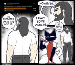 2025 absurd_res anthro armwear beard bulge clothed clothing domestic_cat duo elbow_gloves english_text faceless_anthro faceless_character facial_hair felid feline felis femboy fur gloves grey_hair hair handwear heart_symbol hi_res human kneeling leash male mammal speech_bubble text the_man the_man_(character) twitter_handle