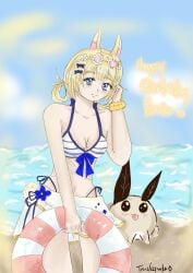 animal_ears beach bikini blonde_hair blue_eyes blue_sky breasts cleavage dated day female hair_ornament happy_birthday medium_breasts navel ocean outdoors scrunchie sky striped striped_bikini swimsuit vyugen yenko