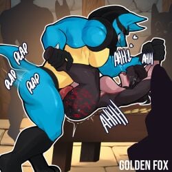1:1 anthro arm_grab black_body black_fur blue_body blue_fur bodily_fluids body_writing breasts detailed_background duo eye_scar facial_scar female forced from_front_position fur furniture generation_4_pokemon golden_fox hi_res holding_leg humiliation knot kobold larger_male looking_at_another lucario lying male male/female missionary_position moan motion_blur muscular muscular_male nagisalucario nintendo on_back on_table onomatopoeia open_mouth plap pokemon pokemon_(species) public public_humiliation public_sex public_use questionable_consent rough_sex scalie scar sex size_difference smaller_female smile smirk sol_evernight sound_effects table tears text yellow_body yellow_fur