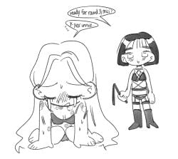 2girls after_sex alien_stage boots bra closed_eyes crying female greyscale hickey holding_whip lingerie long_hair mizi_(alien_stage) short_hair sitting sketch sua_(alien_stage) tears tired y4ntaoist yuri