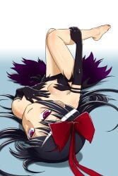 10s 1girls 2014 akemi_homura akuma_homura bare_legs bare_shoulders barefoot black_hair blue_background bow breasts cleavage dress elbow_gloves female gloves gradient_background hairbow hand_on_own_chest hi_res leg_hold light-skinned_female light_skin long_hair looking_at_viewer lying mahou_shoujo_madoka_magica on_back puella_magi_madoka_magica purple_eyes sat-c small_breasts smile solo teenage_girl teenage_tits teenager toes upside-down young young_female