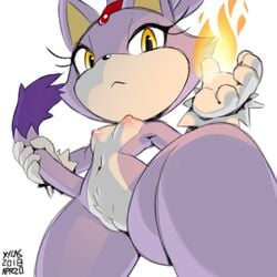 anthro areola black_nose blaze_the_cat breasts digital_media_(artwork) felid feline felis female fire fur furry furry_only looking_at_viewer mammal nipples nude pussy shortstack simple_background small_breasts solo sonic_(series) tail thick_thighs video_games white_background wide_hips xylas