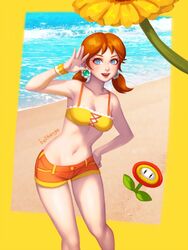 1girls beach bellhenge blue_eyes breasts cleavage clothing crop_top cuffs earrings female female_only fire_flower hand_on_hip looking_at_viewer mario_(series) midriff navel nintendo open_mouth orange_hair outdoors princess_daisy short_shorts shorts solo standing super_mario_bros. thighs twintails