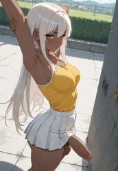 1futa action_girl_(jamesbron) ai_generated balls big_penis breasts dark-skinned_futanari dark_skin from_above from_side futa_only futanari hazel_eyes intersex jamesbron large_penis looking_at_viewer medium_breasts no_panties penis pleated_skirt skirt smile solo solo_futa standing stretching tanktop thighs white_hair white_shirt wide_hips