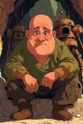 ai_generated cave fat_bald_man giant next old_torn_clothes robot_underground rusty_robots sad sitting to