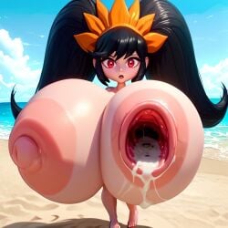1girls ai ai_generated ashley_(warioware) barefeet barefoot beach black_hair blaste blue_sky female female female_focus female_only gaping_nipples gigantic_breasts gigantic_nipples hyper_breasts hyper_nipples long_hair nintendo ocean orange_headwear red_eyes sand shortstack twintails warioware witch