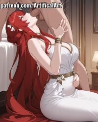 1boy ai_generated artifical_art balls blowjob blowjob_face blush bracelet deepthroat female hair_ornament honkai:_star_rail honkai_(series) hoyoverse jewelry light-skinned_female light_skin long_hair mihoyo oral oral_penetration oral_sex penis penis_in_mouth perfect_body purple_eyes red_hair sex sucking sucking_penis tribios_(honkai:_star_rail)